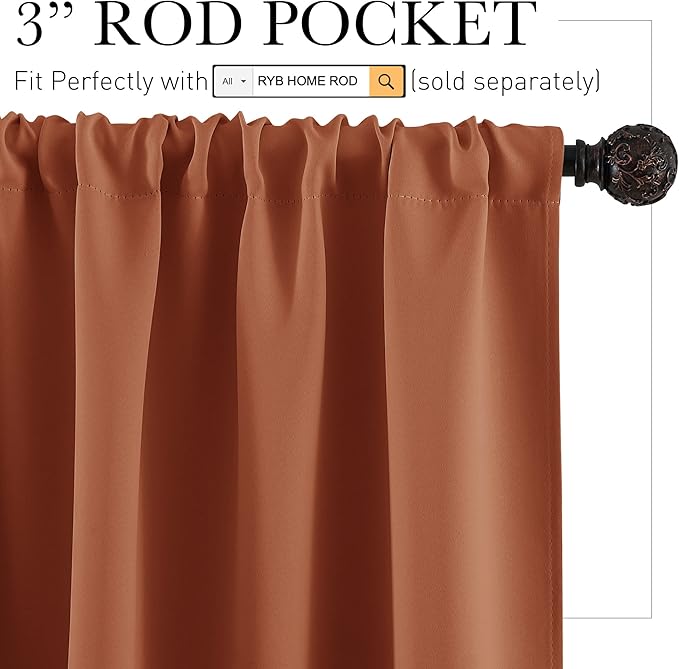 RYB HOME Blackout Curtains for Bedroom Living Room 72 inches Long, Thermal Insulated Privacy Rod Pocket Drapes for Nursery Office Home Theater, Width 42 by Length 72, Burnt Orange, 2 Panels