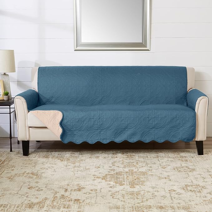 Great Bay Home Reversible Sofa Cover - Washable Slipcover Furniture Protector with Elastic Straps - Perfect for Kids & Pets - Quilted & Stitched Detail (Smoke Blue/Ivory)