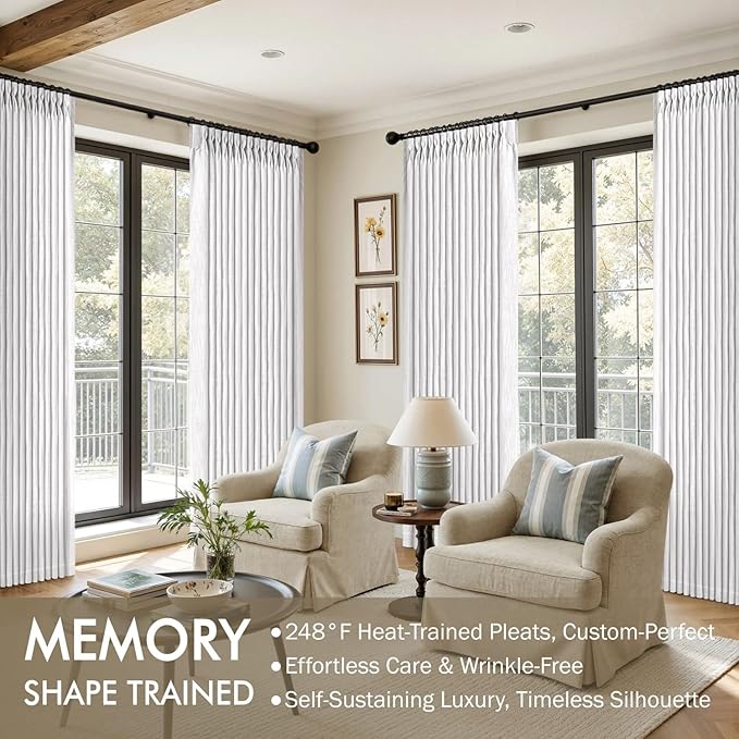 MIULEE Pinch Pleated White Thick Linen Curtains 108 Inches Long 2 Panels, Linen Texture Drapes for Living Room Bedroom Dining Room, Extra Long Light Filtering Farmhouse Foor to Ceiling Curtains