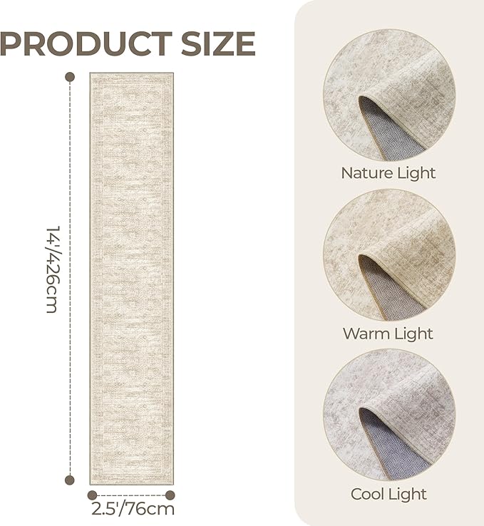 Washable Runner Rug 2.5x14, Non-Slip Long Hallway Runner for Entryway, Soft Vintage Kitchen Mats for Floor, Abstract Dining Room, Bedroom, Living Room Rugs(2.5'x14', Beige/Ivory)