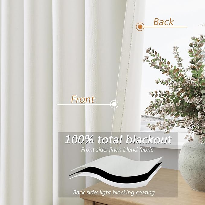 Guken 100% Blackout Linen Curtains 42 Inch Wide by 102 Inch 2 Panels Set for Living Room Bedroom Back Tab Thermal Insulated Black Out Linen Drapes Room Darkening Window Curtains, Ivory