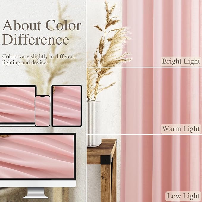 Nanspring Pink Linen Curtains 108 Inches Long for Baby Girl Bedroom 2 Panels Set Extra Long Back Tab Curtain Light Filtering Semi Sheer Pink Drapes Floor to Ceiling Curtains for Large Windows 52x108