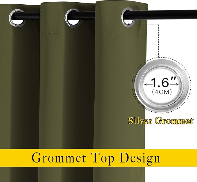 NICETOWN Blackout Olive Green Curtains 63 inches Long, Functional Blackout Window Treatments Thermal Drapes Privacy Assured for Bedroom, 2 Panels, W52 x L63
