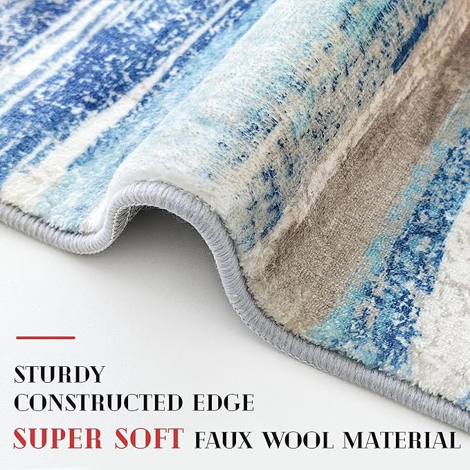 Lansny Modern Abstract Round Rug 3Ft, Blue Round Rug Washable Non-Slip Soft Small Circle Rug, Circular Entryway Rugs Thin Print Faux Wool Carpet Accent Rug for Bedroom Living Room Office Under Desk