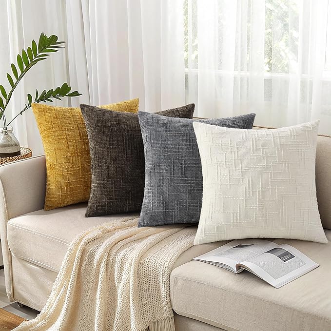 decorUhome Summer Mustard Yellow Chenille Throw Pillow Covers 16x16 Set of 2 Textured Soft Cozy Slubby Couch Pillow Covers Modern Farmhouse Boho Decorative Pillow Cases for Bed Sofa Living Room