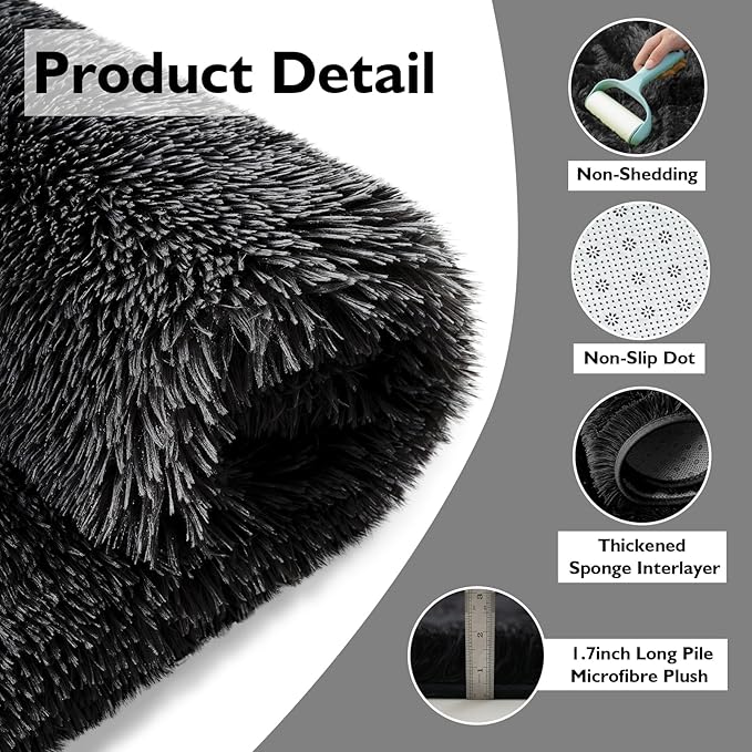 Ultra Soft Fluffy Area Rugs for Bedroom Living Room 10x12, Nursery Rug, Non-Slip Carpet for Kids Dorms Decor, Shaggy Bedside Rug, Black