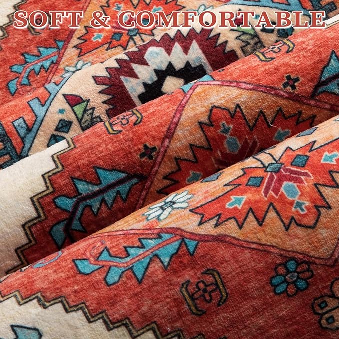 SERISSA 7x9 Area Rugs for Living Room, Large Washable Non-Slip Boho Rug, Ultra Soft Vintage Orange Oriental Tribal Print Distressed Carpet for Dining Room Bedroom Dorm Office Home Decor