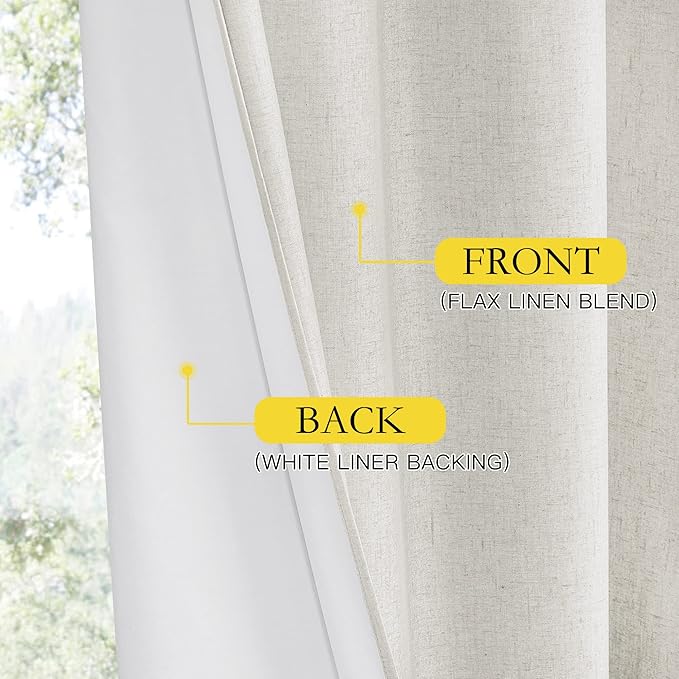NICETOWN 100% Absolutely Blackout Linen Curtains with Thermal Insulated White Liner, Ivory, 62" W x 63" L, Set of 2, Burlap Textured Textured Linen Look Privacy Window Treatment for Kitchen