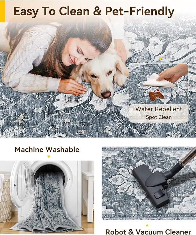 RELEANY Area Rugs 2'x10' Runner Rug Non Slip Washable for Kitchen Hallway Bedroom Beside Laundry Room Bathroom Rug, Floor Carpet, Light Gray Grey White