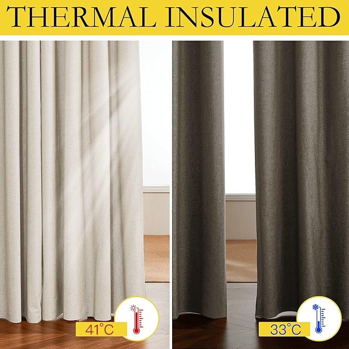 NICETOWN Linen Blackout Curtains 45" Long for Classroom, Beige, Set of 2, Short Kitchen Burlap Linen 100% Blackout Drape Panels for Night Shift, Great Job for Blocking Light