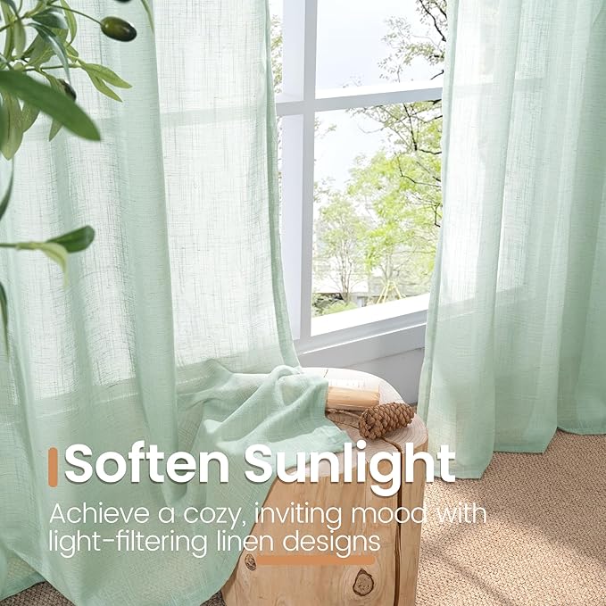 BGment Sage Green Linen Kitchen Curtains 36 Inch Length - Small Drapes Light Filtering for Cafe Bathroom Decorative Lightweight Natural Rustic Rod Pocket, 2 Panels Set, 30 X 36 Inch