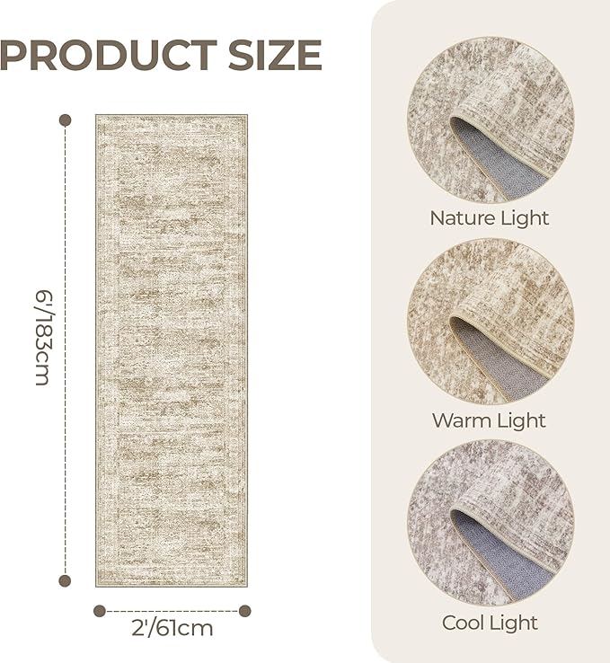 Washable Runner Rugs for Bedroom - 2x6 Runner Rug Non Slip, Ultra-Thin Entryway Runner, Soft Abstract Kitchen Runner for Hallway, Laundry, Bathroom, Indoor Door Mat(2'x6', Brown/Ivory)