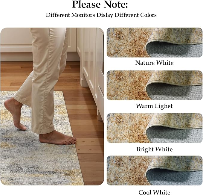 4x10 Washable Kitchen Runner Rug: Modern Abstract Wide Runners for Hallway Soft Non Slip Rugs with Rubber Backing Low Pile Thin Carpet for Entryway Bedroom Bathroom Laundry Indoor(Grey/Yellow,4x10)