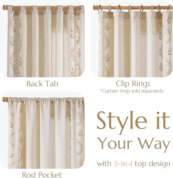 jinchan Belrose Linen Curtains for Bedroom Floral Curtains 96 Inch Length Linen Blend Beige Embroidered Drapes Farmhouse Flower Patterned Drapes for Living Room Window Treatments Set 2 Panels