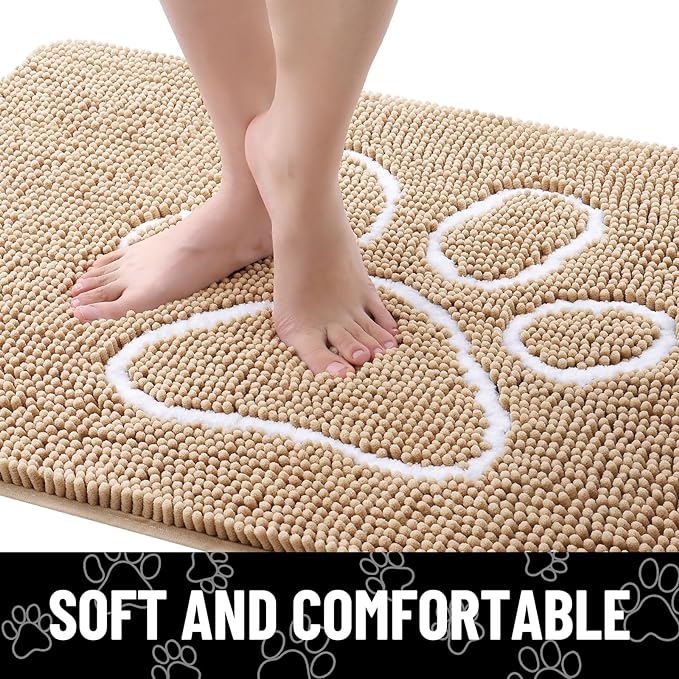 Smiry Dog Door Mat for Muddy Paws, Absorbent Dirt Trapper Non Slip Quick Dry Washable Chenille Mat for Mud Dogs, Entry Rug for Indoor and Outdoor (48x30 Inches, Beige and White)
