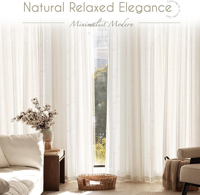 Extra Long 132 inch Curtains Linen Blend for Living Room Back Tab Neutral Rustic Farmhouse Light Filtering Semi Sheer Linen Drapes 132 inch Ceiling to Floor For Large Window Villa Hallway Ivory 11 FT