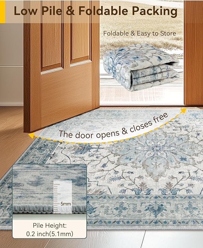 Area Rugs 5'x7' Washable Non-Slip, Floral Vintage Distress Print Pattern Medallion Carpet for Living Room Bedroom Dining Room, Light Blue Navy Beige Gray White