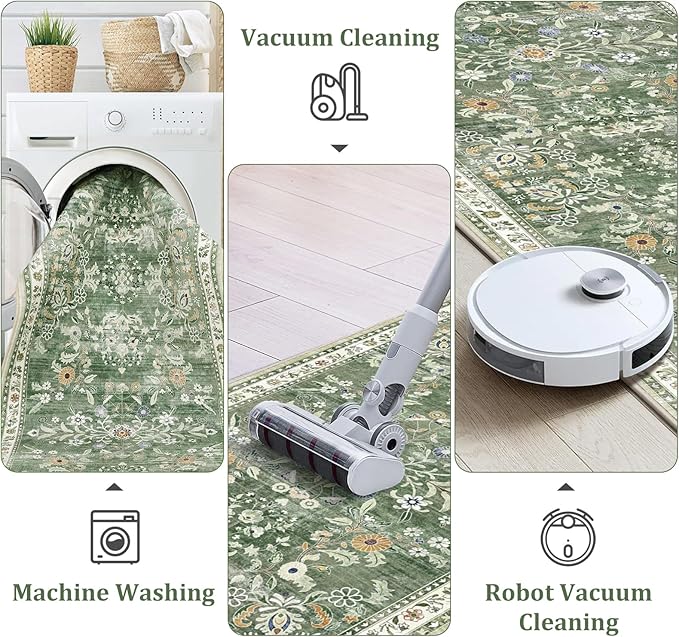Yamaziot Washable Area Rug 8x10 – Large Non-Slip Boho Floral Living Room Rug with Rubber Backing, Low Pile Distressed Carpet for Bedroom, Living Room, Dining Room, Green