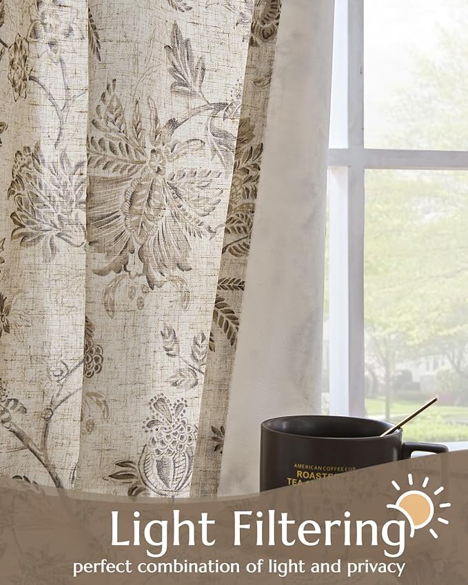 jinchan Lined Linen Floral Curtains for Living Room, 96 Inch Length Printed Flower Farmhouse Patterned French Country Back Tab Taupe Window Drapes Set Privacy Bedroom Curtains, 2 Panels