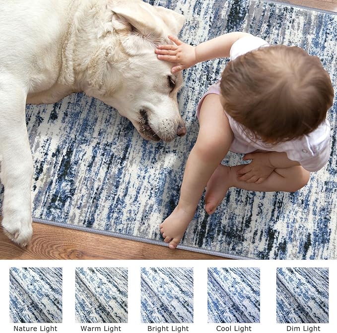 Lansny Modern Abstract Entryway Rug Indoor 2x3 Washable Rug Non-Slip Soft Small Area Rug Grey Blue White Kitchen Mats Thin Print Faux Wool Floor Carpet Throw Rugs for Entrance Bedroom Home Decor