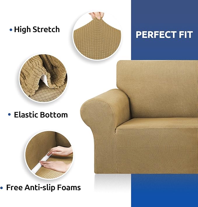 KEKUOU Stretch Sofa Cover Slipcover ，Couch Covers for 3 Cushion Couch Sofa pet Friendly (79"-94") Furniture Protector Sofa with Elastic Bottom for Kids,Dog, Jacquard Small Checked(Large,Tan)