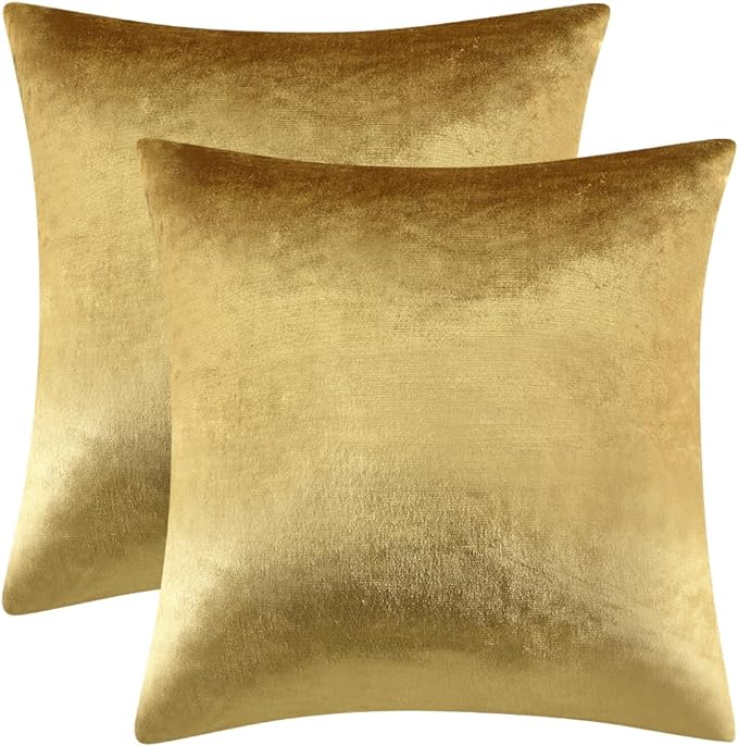 GIGIZAZA Gold Velvet Decorative 20x20 Throw Pillow Covers for Sofa Bed 2 Pack Soft Cushion Cover