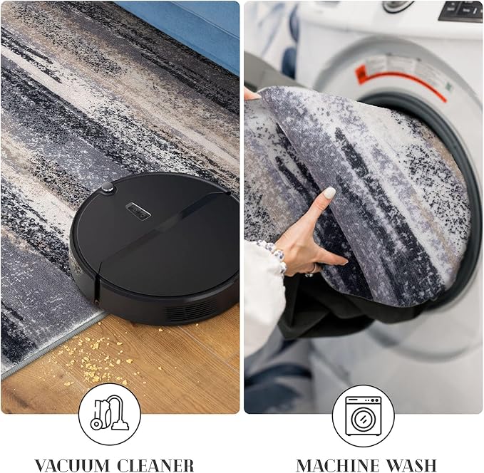 Lansny Modern Abstract Runner Rug 2x12, Grey Black Multi Washable Long Kitchen Runner Non-Slip Soft Hallway Rug Runner Thin Print Faux Wool Carpet for Entryway Bedroom Laundry Room Indoor Home Decor