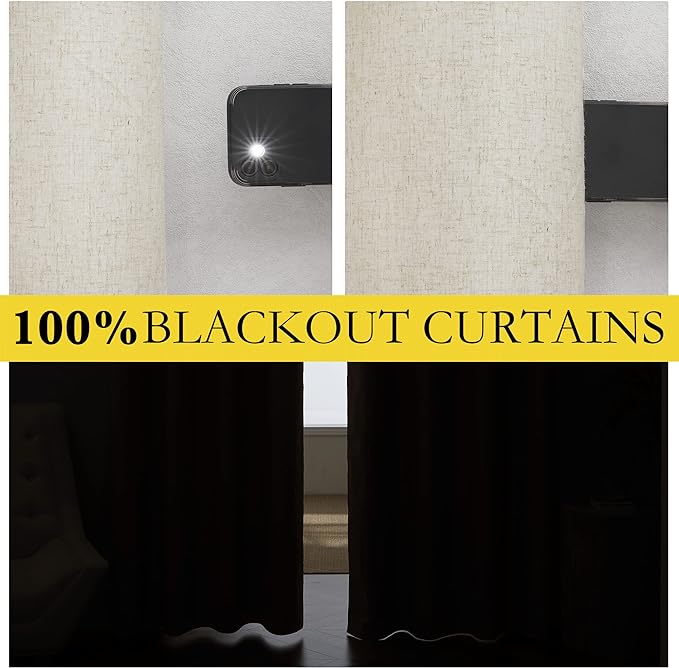 NICETOWN Farmhouse Style Keep Warm Large Window Draperies 108 inches Length with Thermal Insulated Liners, 2 Panels, 62" W, Full Blackout Natural Linen Curtains for Sliding Glass Door
