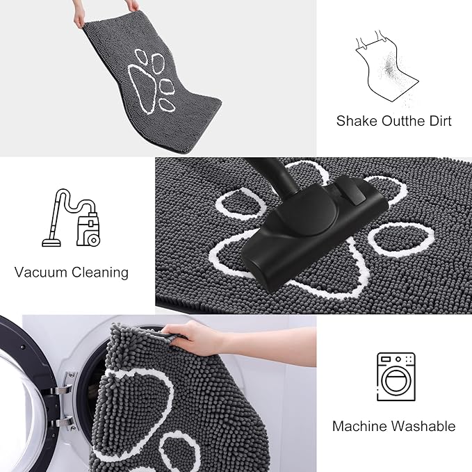 Smiry Dog Door Mat for Muddy Paws, Absorbent Dirt Trapper Non Slip Quick Dry Washable Chenille Mat for Mud Dogs, Entry Rug for Indoor and Outdoor (44x32 Inches, Dark Grey and White)