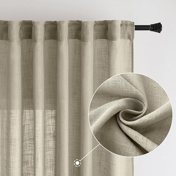 MIULEE Oatmeal Linen Curtains 84 Inch Length 2 Panels for Bedroom Living Room, Soft Thick Linen Textured Natural Window Drapes Semi Sheer Light Filtering Back Tab Rod Pocket Burlap Look Decor