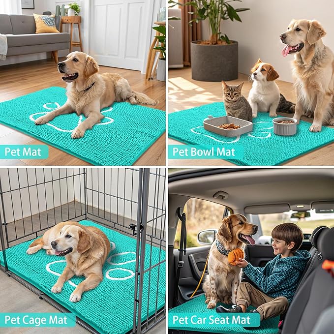Smiry Dog Door Mat for Muddy Paws, Absorbent Dirt Trapper Non Slip Quick Dry Washable Chenille Mat for Mud Dogs, Entry Rug for Indoor and Outdoor (40x32 Inches, Turquoise and White)