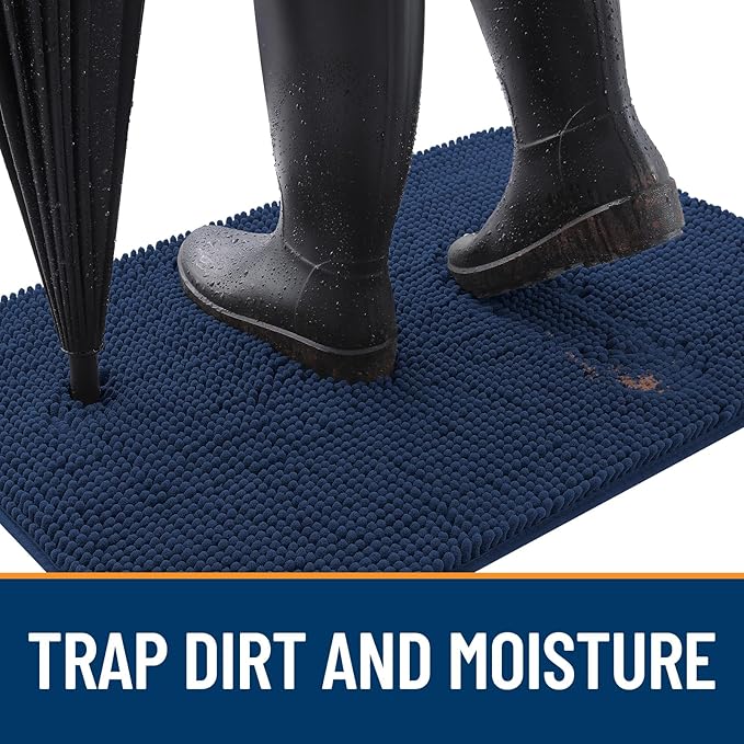 OLANLY Dog Door Mat for Muddy Paws 54x32, Absorbs Moisture and Dirt, Absorbent Non-Slip Washable Doormat, Quick Dry Chenille Mud Mat for Dogs, Entry Indoor Entryway Carpet for Inside Floor, Dark Blue