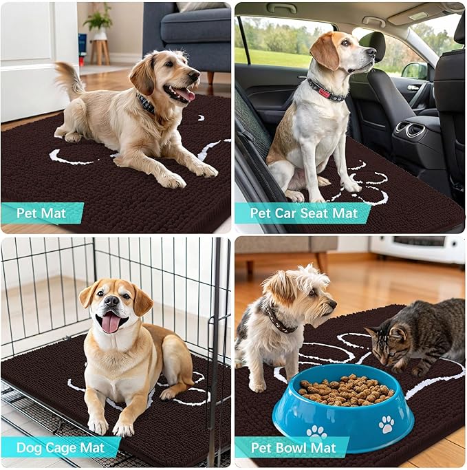 OLANLY Dog Door Mat for Muddy Paws 70x46, Paw Print Design, Absorbs Moisture and Dirt, Absorbent Non-Slip Washable Doormat, Quick Dry Chenille Mud Mat for Dogs, Entry Indoor Entryway Carpet, Brown