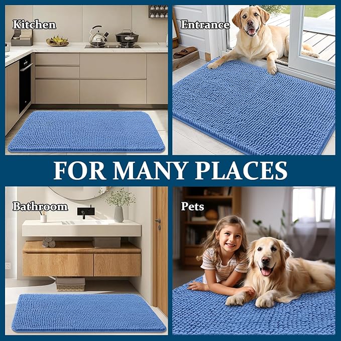 OLANLY Dog Door Mat for Muddy Paws 70x24, Absorbs Moisture and Dirt, Absorbent Non-Slip Washable Doormat, Quick Dry Chenille Mud Mat, Entry Indoor Entryway Carpet for Inside Floor, Cornflower Blue