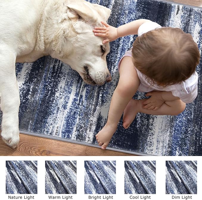 Lansny Modern Abstract Entryway Rug Indoor 2x3 Washable Rug Non-Slip Soft Small Area Rug Navy Blue Kitchen Mats Thin Print Faux Wool Floor Carpet Throw Rugs for Entrance Bedroom