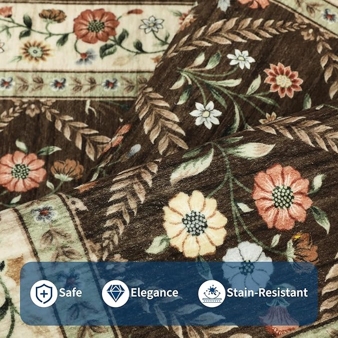 GarveeHome 8x10 Washable Large Living Room Rug Water Resistant Distressed Vintage Floral Non Slip Low Pile Soft Rug for Bedroom Farmhouse Dining Room Kids Playroom Nursery Brown Natural