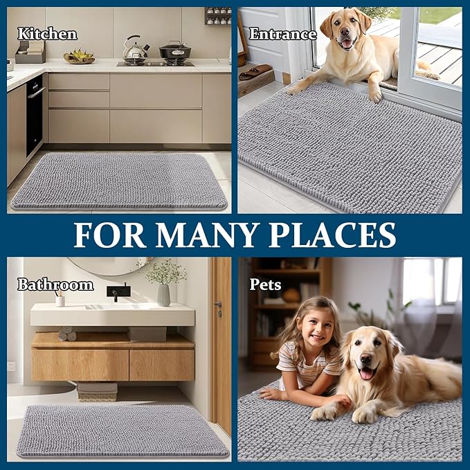 OLANLY Dog Door Mat for Muddy Paws 70x46, Absorbs Moisture and Dirt, Absorbent Non-Slip Washable Doormat, Quick Dry Chenille Mud Mat for Dogs, Entry Indoor Entryway Carpet for Inside Floor, Light Grey