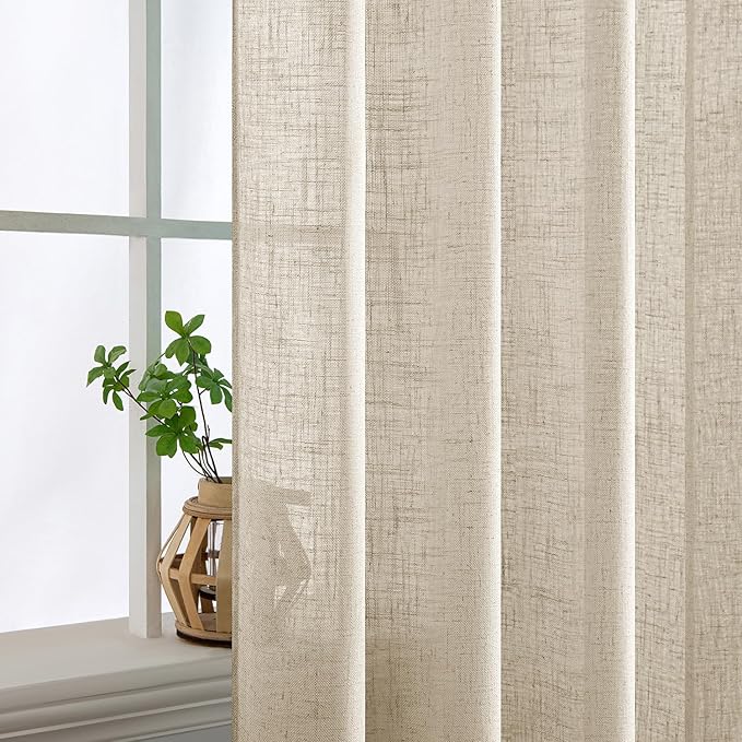 MIULEE Beige Linen Curtains 54 Inch Length 2 Panels for Bedroom Living Room, Soft Linen Textured Window Drapes Semi Sheer Light Filtering Back Tab Rod Pocket Farmhouse Modern Burlap Look Decor