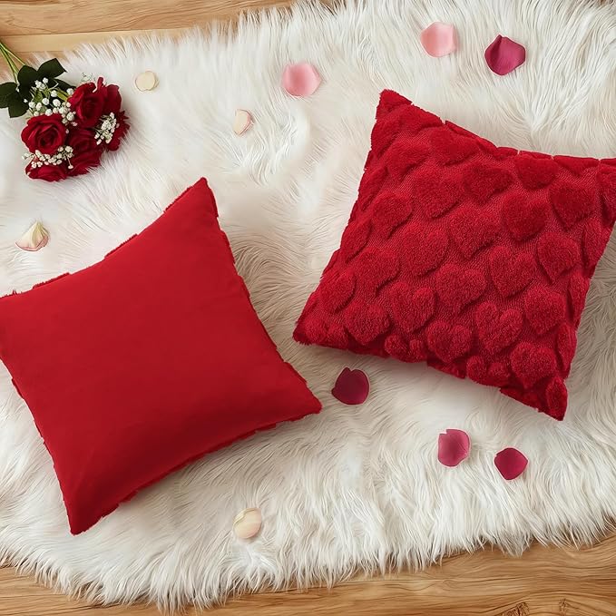 decorUhome Valentine’s Day Soft Plush Throw Pillow Covers 20x20 Inch Set of 2, Faux Fur Red Heart Decoration Neutral Square Pillow Covers for Couch Sofa Bed Cozy Farmhouse Holiday Decor