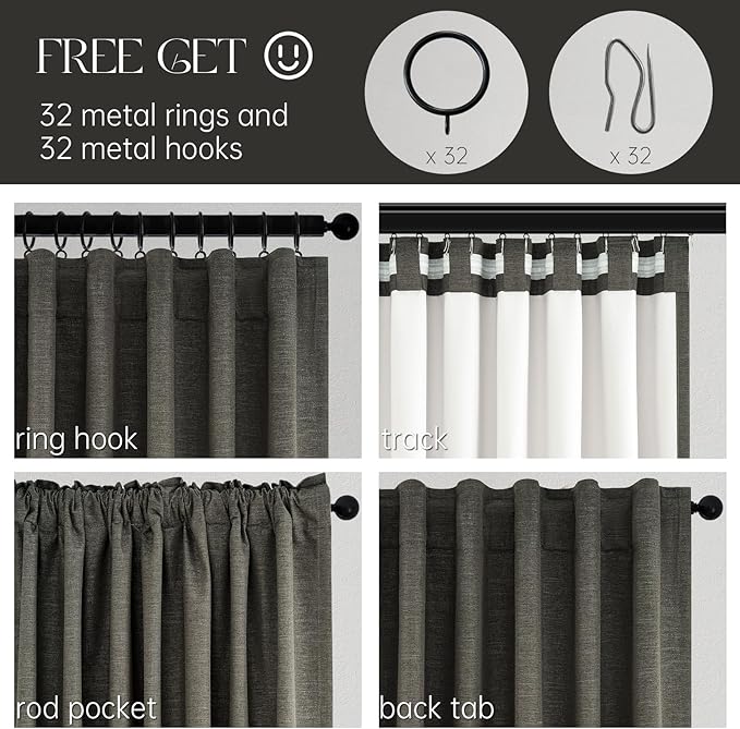 Grey Linen Black Out Curtains 96 Inches Long 2 Panels Set for Sliding Glass Doors Modern Cottage Room Darkening Pleat Dark Gray Aesthetic Drapes Soundproof Privacy 8 FT Window Curtain for Office Burg