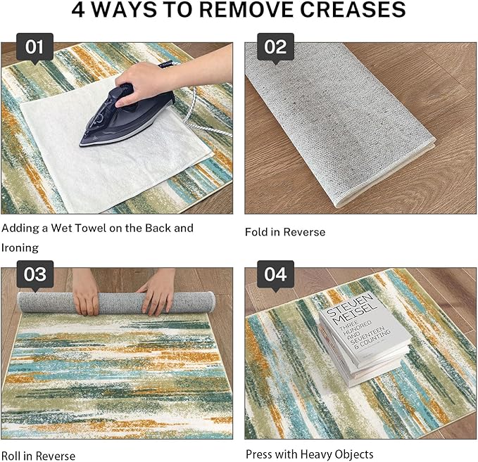 Lansny Modern Abstract Runner Rug 2x10, Green Mustard Multi Washable Long Kitchen Runner Non-Slip Soft Hallway Rug Runner Thin Print Faux Wool Carpet for Entryway Bedroom Laundry Room Indoor