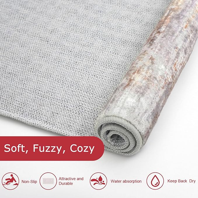 KOZYFLY Kitchen Runner Rug for Hallway Non-Slip Modern Abstract Runner Rug 2x5 Multi Grey/Orange, Washable Carpet Runner Laundry Room Mat with Soft Low Pile for Entryway Bathroom