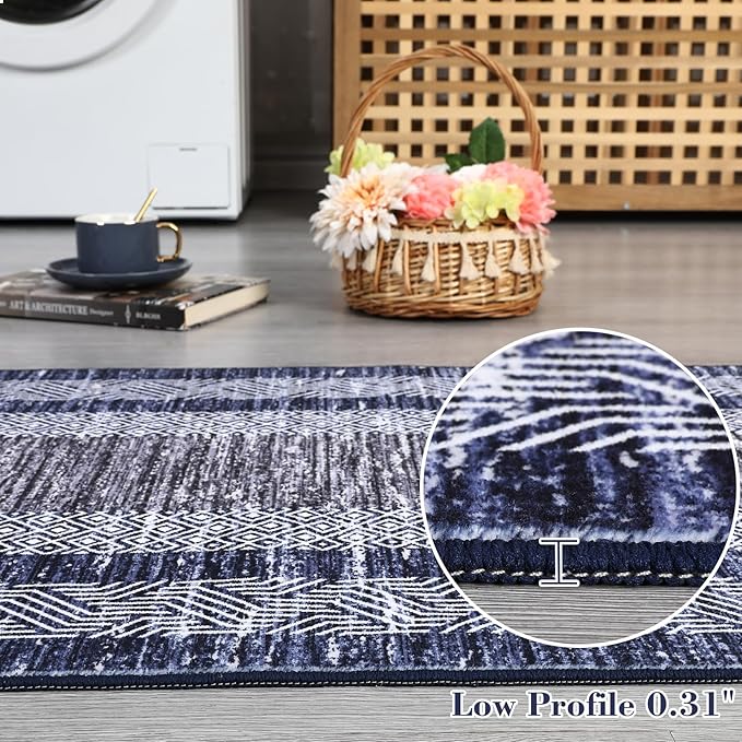GarveeHome Modern Geometric Area Rug 2x3 Distressed Bordered Washable Non Slip Floor Small Carpet Non Shedding Thin Soft Low Pile Rug, Contemporary Navy Blue Rug for Dining Room, Living Room