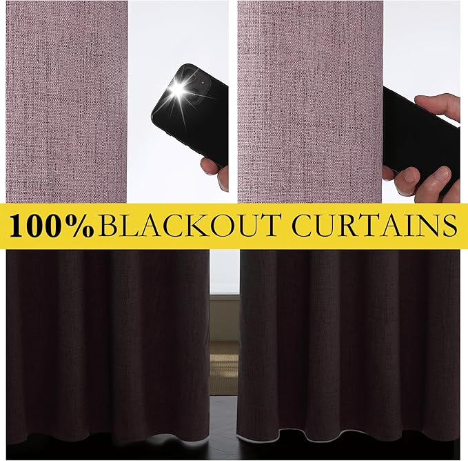 NICETOWN Chaise Mauve Vintage Linen 100% Blackout Curtains for Living Room, Thermal Insulated Curtains 84“ Long, Noise Reducing Window Treatment Drapes for Hall Room, 52" Wide Per Panel, Set of 2