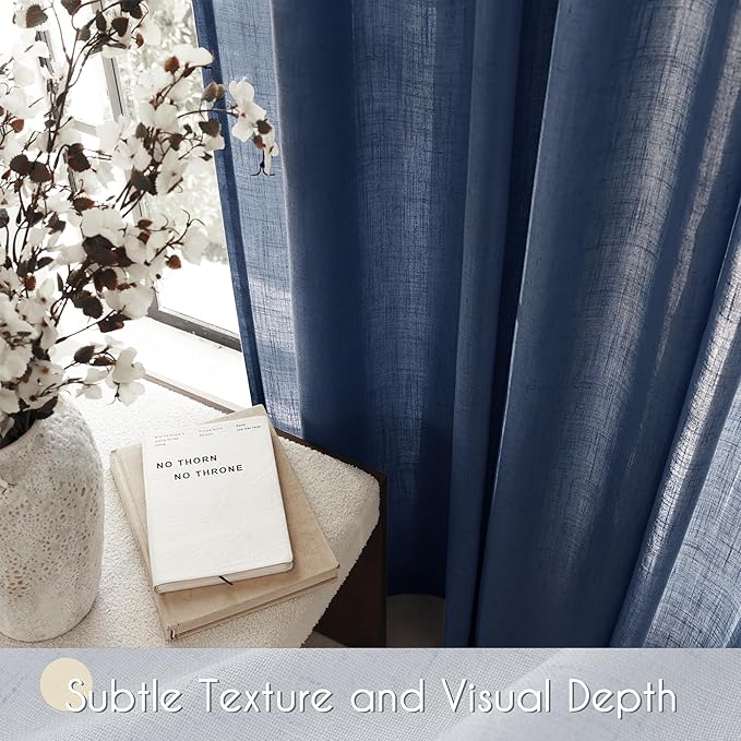 Navy Blue Curtains 94 inch Length for Bedroom Back Tab Light Filtering Semi Sheer Blue Living Room Curtains Linen Cotton Textured Indigo Blue Drapery Panel Modern Farmhouse Aesthetic Decor Dark Blue