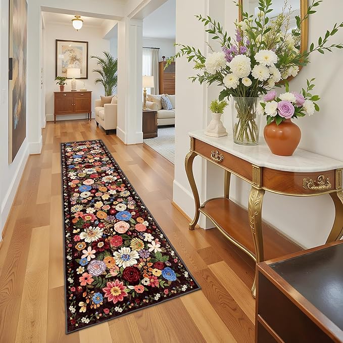 Floral Hallway Runner Black/Brown Carpet Non-Slip, 2x10 Washable Rug Ultra-Thin Soft for Hallways, Kitchen Mat Stain Resistant for Entryway Bathroom (2 x 10, Black/Brown)