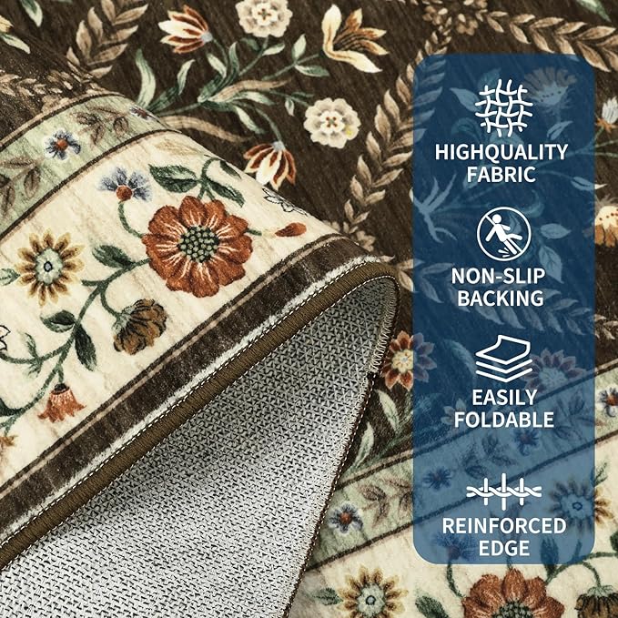 Runner Rug for Hallway Entryway 2.5x8 Farmhouse Floral Non-Slip Machine Washable Kitchen Rug Runner Non-Shedding Low-Pile Soft Long Carpet for Entrance Laundry Room Brown