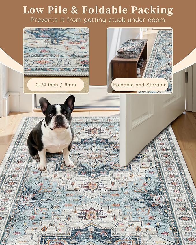 Madane Area Rug 3x5, Entryway Washable Vintage Runners Bedroom Non Slip Indoor Kitchen Runner for Living Room Laundry Room Playroom Soft Non-Slip Area Rugs, Blue