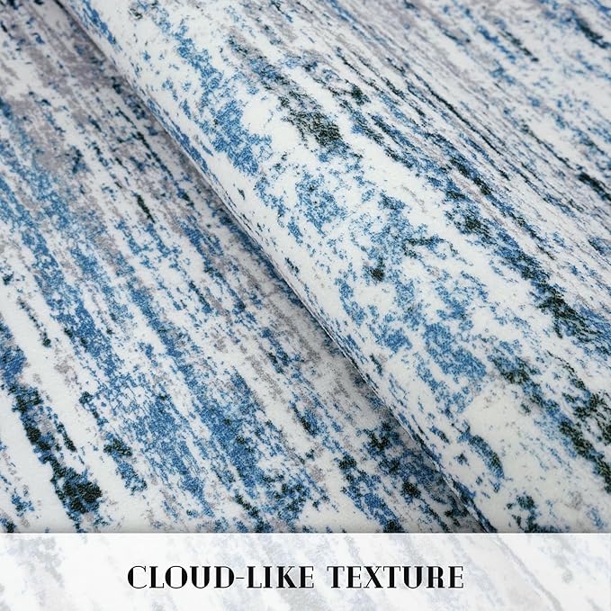 Lansny Modern Abstract Runner Rug 2.6x12, Grey Blue White Washable Long Kitchen Runner Non-Slip Soft Hallway Rug Runner Thin Print Faux Wool Carpet for Entryway Bedroom Laundry Room Indoor Home Decor