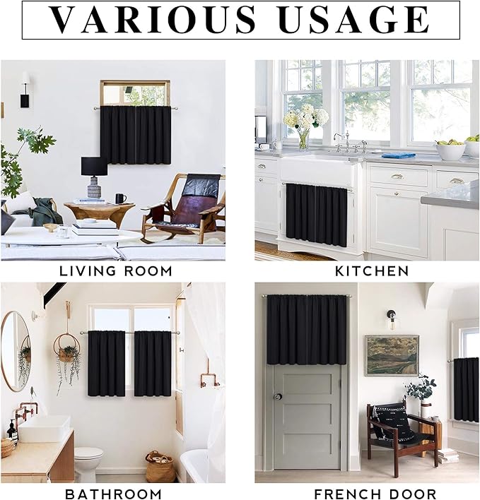 RYB HOME Half Curtain Tiers 36 inch Length, Rod Pocket Summer Heat Blocking Thermal Insulated Short Blackout Curtains for Small Window, Width 34 by Length 36, Black, 2 Panels
